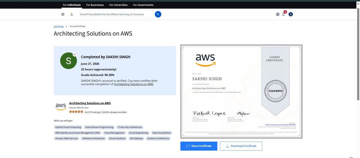 Second AWS course completed! 📜 Architecting Solutions on AWS 🎯 Score ...