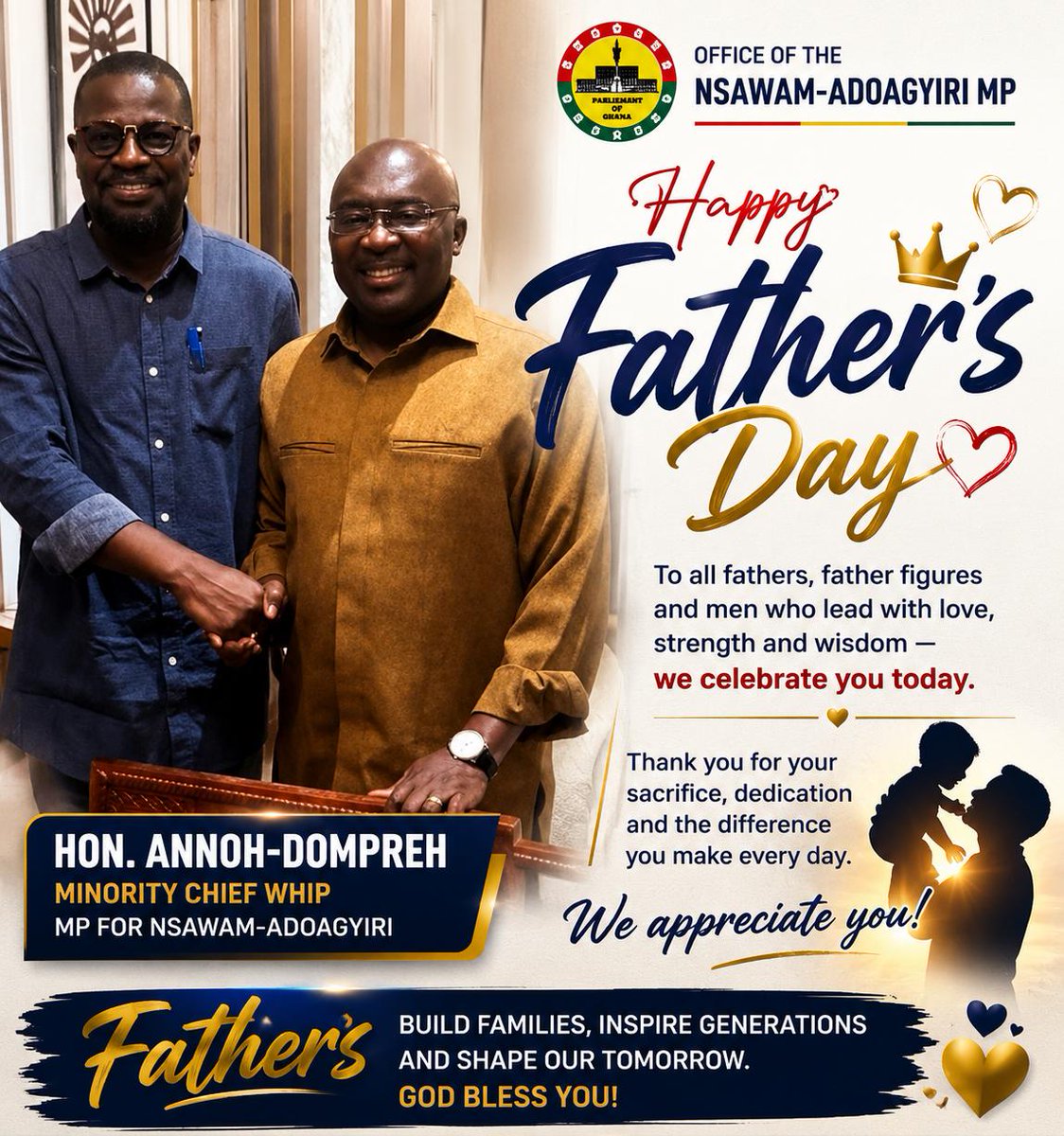 AbrefaKG's tweet photo. Today, we celebrate the fathers, mentors, and father figures whose love, sacrifice, and guidance continue to shape our families and communities.Your dedication and unwavering support inspire hope and build a stronger future for generations to come.
#FAD28
#DMB28
@FAnnohDompreh https://t.co/UToDiAj5ZX