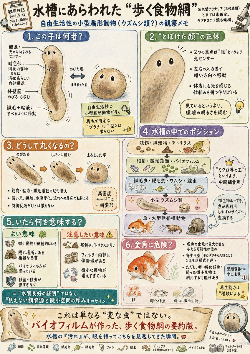 s5ststtt's tweet photo. 水槽のフィルター掃除で、肉眼でも見える小さな生きものが出てきた。

寄り目のような2つの眼点。
伸びたり、急に丸くなったりする体。
内部には暗い消化内容物らしい構造。
おそらく自由生活性の小型ウズムシ類。
ただ面白いのは「変な虫がいた」ことではない。 https://t.co/EaEOOliGw9
