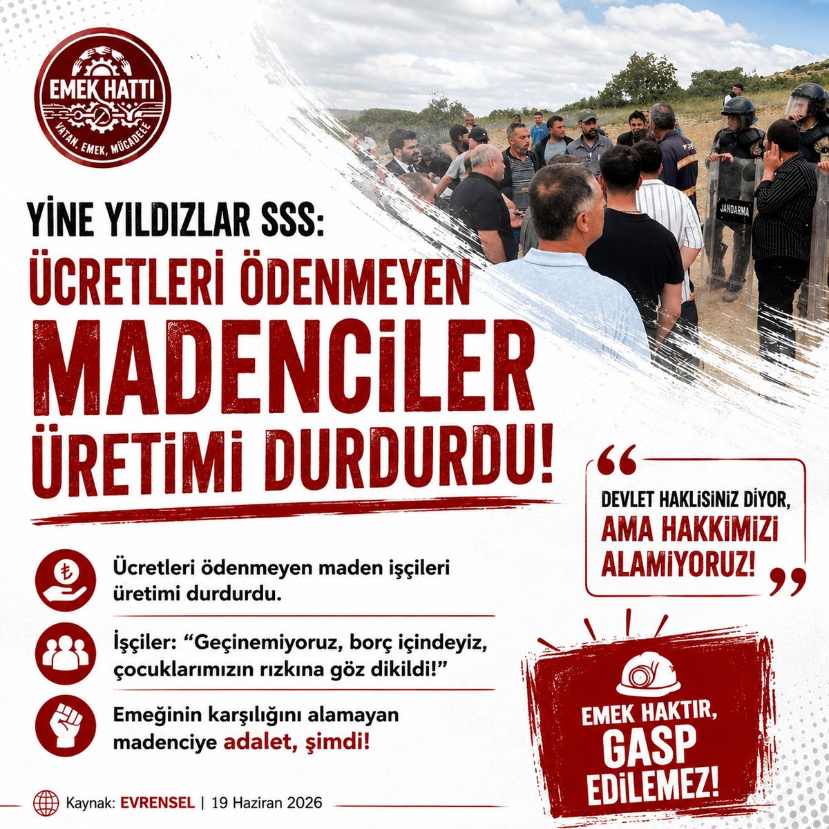 emekhatti's tweet photo. Ücretleri ödenmeyen madenciler üretimi durdurdu.

Devlet "Haklısınız" diyor, ama işçiler hâlâ hakkını alamıyor.

Emek haktır, gasp edilemez!

#Madenci #İşçi #Emek #EmekHattı #GaspEdilemez https://t.co/trac7auKrV