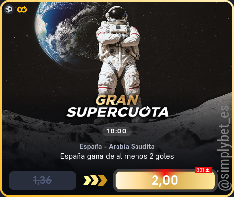 simplybet_es's tweet photo. 🔊🔊 Supercuota DORADA Winamax 🔊🔊

⚽️ España - Arabia Saudita (Hoy 18:00)
España gana de al menos 2 goles
1.36 ➡️ 2.00 (47.06%) [10€]

#winamax #supercuota #dorada https://t.co/xVSAjX2vQO