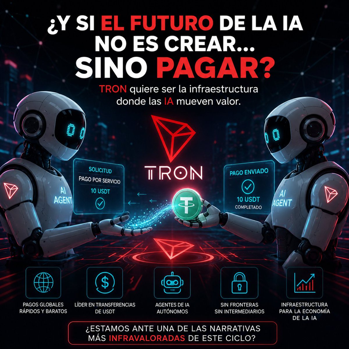LokiCripto's tweet photo. #3 Mientras todo el mundo habla de IA generando imágenes y vídeos...
Yo creo que la verdadera revolución llegará cuando las IA empiecen a tener economía propia.
Imagina millones de agentes de IA comprando datos, contratando servicios, ejecutando tareas y realizando pagos entre ellos de forma completamente autónoma.
La pregunta no es si ocurrirá.
La pregunta es: ¿sobre qué infraestructura se moverá todo ese dinero?
TRON parece estar posicionándose para capturar precisamente ese mercado.
No pretende competir con ChatGPT.
Pretende convertirse en la red que permita a las IA mover valor de forma rápida, barata y global.
Y teniendo en cuenta que ya es una de las principales infraestructuras para el movimiento de USDT...
¿Estamos ante una de las narrativas más ignoradas del próximo ciclo?
¿Qué blockchain crees que tiene más posibilidades de liderar los pagos entre agentes de IA?

#TRON #TRX #AI #Stablecoins #Blockchain #TGF