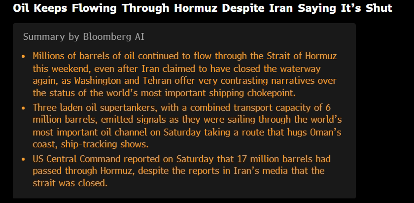 dlacalle_IA's tweet photo. Millions of barrels are flowing through the Strait of Hormuz with no limitation or payment.

via Bloomberg https://t.co/psnyKNIVWI