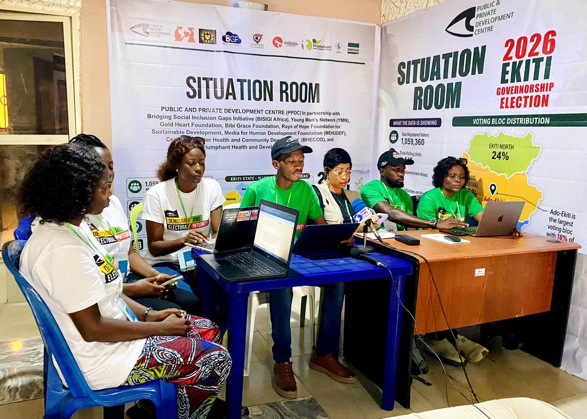 PPDC_ng's tweet photo. PPDC and BISIGI Africa, alongside partner organisations, presented their joint post-election Situation Room statement after deploying 202 observers across the 16 LGAs of Ekiti State during the 2026 Governorship Election.

While the election was largely peaceful and security personnel were generally professional and impartial, observers recorded incidents of vote buying, BVAS-related challenges, accessibility barriers for Persons with Disabilities (PWDs), inconsistencies in some polling unit records, and low participation of women and PWDs.

The coalition called on INEC to address these concerns ahead of the Osun Governorship Election and the 2027 General Elections, while commending election officials, security agencies, CSOs, the media, and domestic and international observers for their contributions to the process.

The credibility of any election depends on the commitment of all stakeholders to uphold democratic integrity and protect the will of the people.

#EkitiDecides2026 #ElectionObservation #DemocracyInAction #ElectoralIntegrity