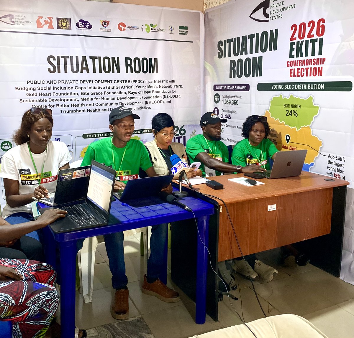 PPDC_ng's tweet photo. PPDC and BISIGI Africa, alongside partner organisations, presented their joint post-election Situation Room statement after deploying 202 observers across the 16 LGAs of Ekiti State during the 2026 Governorship Election.

While the election was largely peaceful and security personnel were generally professional and impartial, observers recorded incidents of vote buying, BVAS-related challenges, accessibility barriers for Persons with Disabilities (PWDs), inconsistencies in some polling unit records, and low participation of women and PWDs.

The coalition called on INEC to address these concerns ahead of the Osun Governorship Election and the 2027 General Elections, while commending election officials, security agencies, CSOs, the media, and domestic and international observers for their contributions to the process.

The credibility of any election depends on the commitment of all stakeholders to uphold democratic integrity and protect the will of the people.

#EkitiDecides2026 #ElectionObservation #DemocracyInAction #ElectoralIntegrity