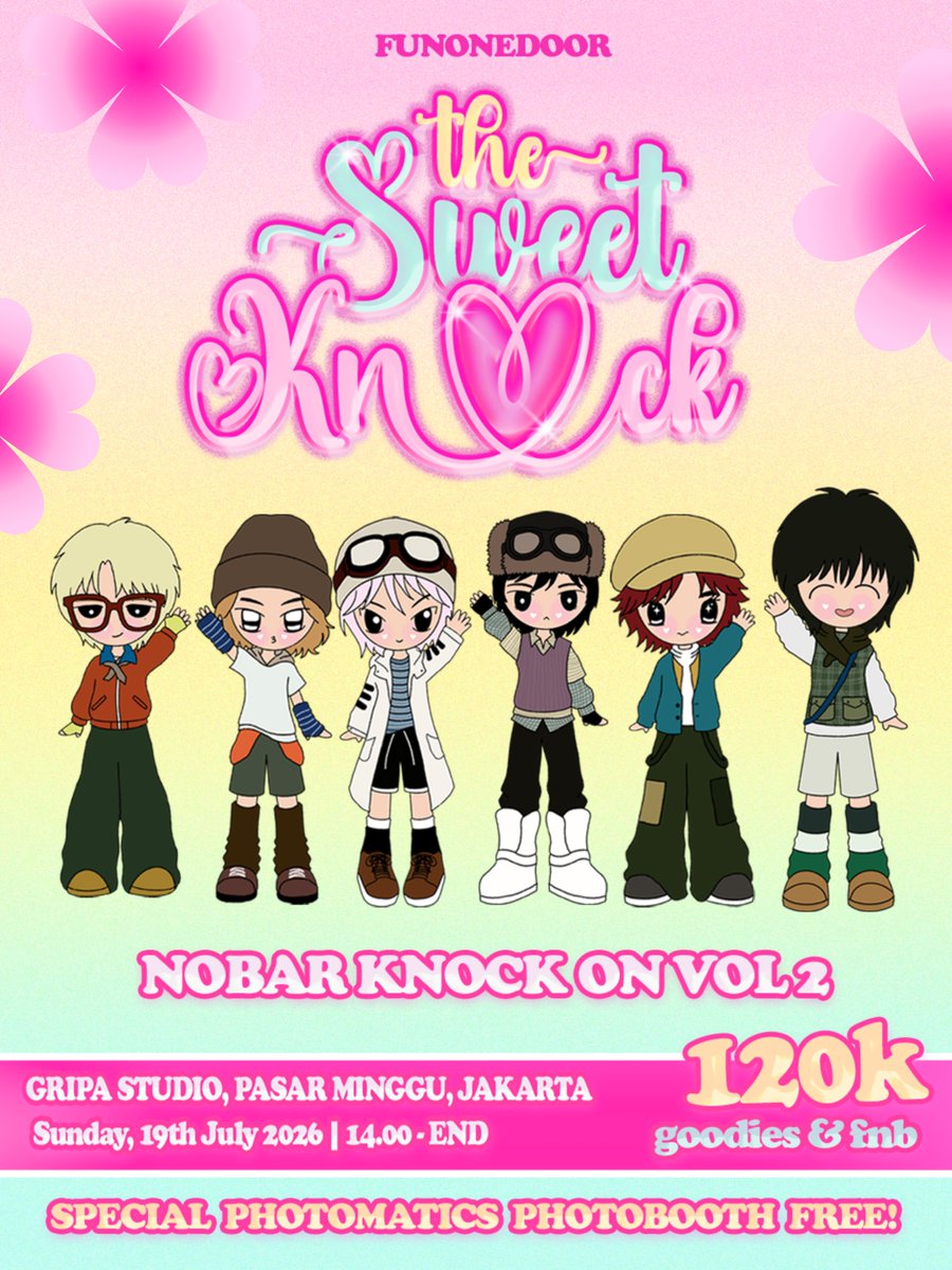 funonedoor's tweet photo. 🍭 𝙏𝙝𝙚 𝙎𝙬𝙚𝙚𝙩 𝙆𝙣𝙤𝙘𝙠 🌈🏡
NOBAR KNOCK ON VOL 2  SEOUL with @funonedoor

📌 Gripa Studio, Pasar Minggu, Jakarta
🗓️ 19 Juli 2026
💲120K (Goodies + FnB + photobooth)
👗 Sweet home coded

The form is open today at 19.30 WIB

🔗 https://t.co/xomf0NdoIo https://t.co/GWufTHVTgW