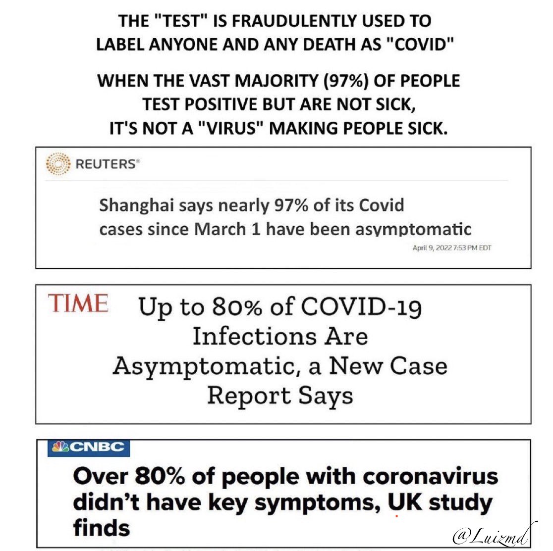 Luizmd's tweet photo. There is no “lab leak” as there are no “viruses” to begin with.

The PCR test showed us that the vast majority of people (97%) who tested “positive” had no symptoms at all.

“Covid” was a complete scam.
The bat origin is the first layer of the scam.
Lab leak is the second layer of the scam.