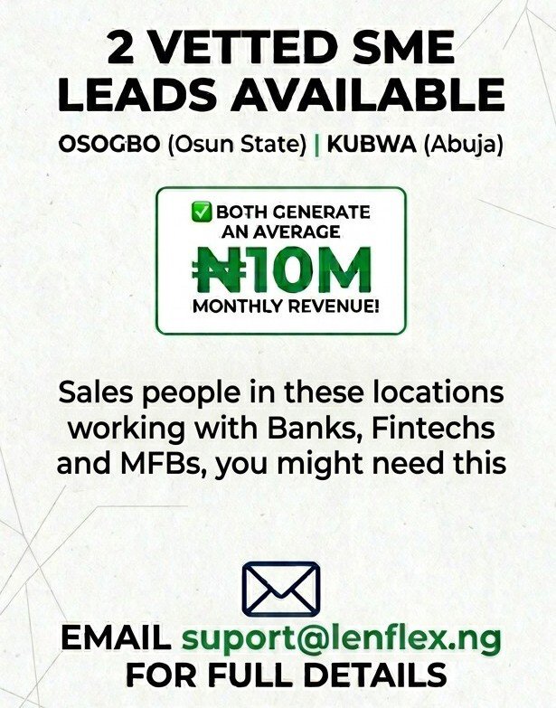 Lenflex_Ng's tweet photo. We have two solid SME leads in need of business financing in Osogbo (Osun State) and Kubwa (Abuja).

The both businesses generate an average 10M monthly revenue.

Please email support@lenflex.ng for the business details. https://t.co/nPRhFkHV2m
