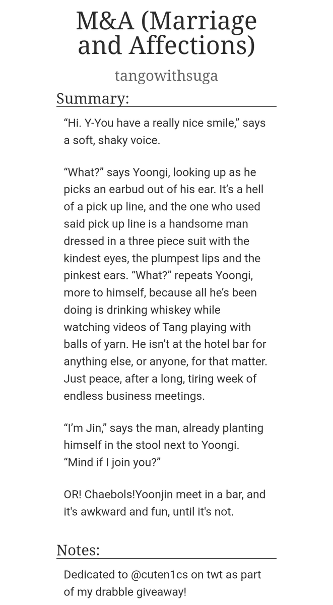 saxwithtae's tweet photo. M&amp;A (Marriage &amp; Affections)
#yoonjin With CEO!Jin and #enemiestolovers or maybe more like #loverstoenemiestolovers?

Chaebols!Yoonjin meet at a bar, and it's awkward and fun, until it's not.

Link below! https://t.co/tnv0Pxz43X