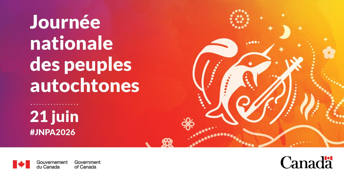 Graphique de la Journée nationale des peuples autochtones du 21 juin 2026 (#JNPA2026), présentant du texte blanc sur un fond dégradé coloré et une illustration stylisée d’inspiration autochtone représentant une baleine et un narval, avec l’image de marque du gouvernement du Canada.
