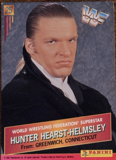 card_guide's tweet photo. This raw 1995 Panini Triple H rookie card sold last month for $1000 in only fair condition.

I maintain that the 95 Paninis are the rarest of all sets in the wrestling card world. https://t.co/kc9QO3fBnc