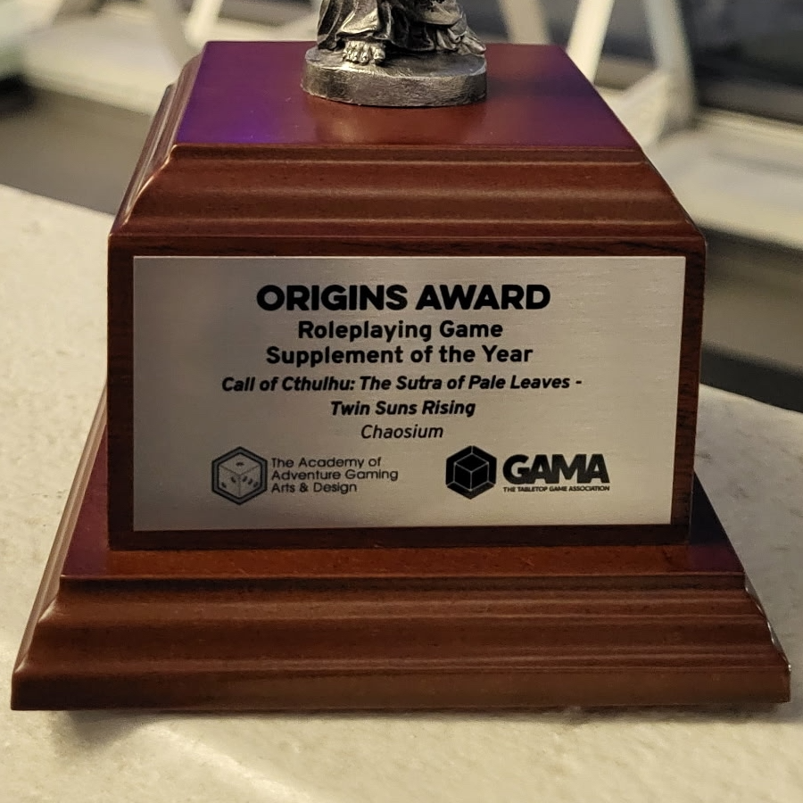 Chaosium_Inc's tweet photo. Roleplaying Game Supplement of the Year!

Congratulations to all the creators behind Call of Cthulhu: The Sutra of Pale Leaves.
https://t.co/RTN451Nlcp https://t.co/nSFFosuqlz