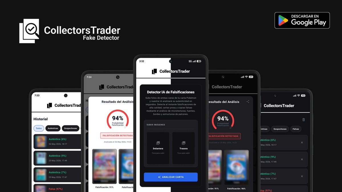 CollectorsTrdES's tweet photo. CollectorsTrader Fake Detector ya está disponible en la Play Store.

Las falsificaciones son cada vez más difíciles de detectar a simple vista. Por eso, hemos trasladado nuestra tecnología a una aplicación móvil, optimizada para distinguir una carta original de una falsificación. https://t.co/SOxV1X7gtW