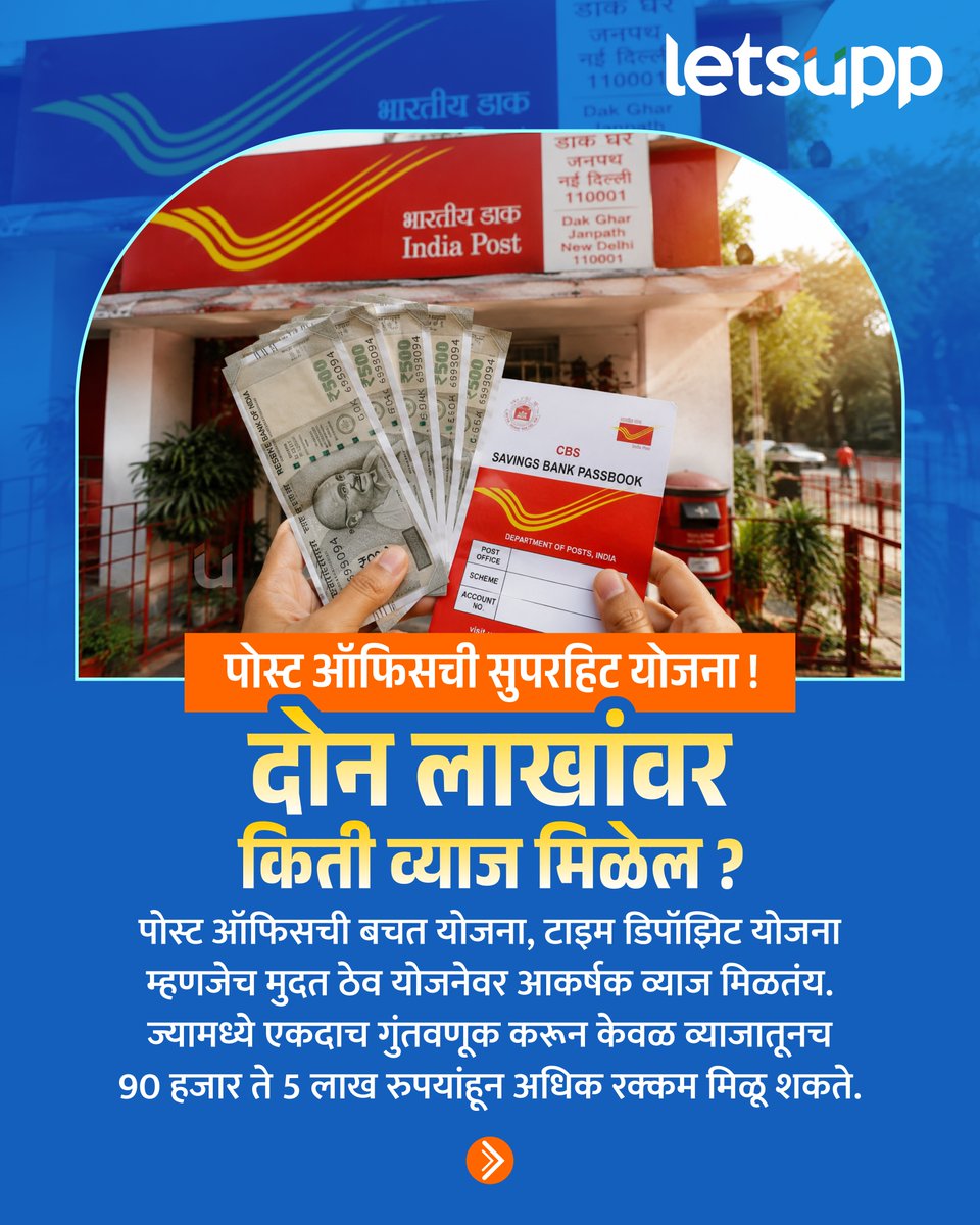 LetsUppMarathi's tweet photo. पोस्ट ऑफिसची बचत योजना, टाइम डिपॉझिट योजना म्हणजेच मुदत ठेव योजनेवर आकर्षक व्याज मिळतंय. ज्यामध्ये एकदाच गुंतवणूक करून केवळ व्याजातूनच 90 हजार ते 5 लाख रुपयांहून अधिक व्याज मिळू शकते.
-
#postoffice #timedeposit #savingsscheme #fixeddeposit #postofficescheme #LetsUppMarathi https://t.co/0cSZqT2La8