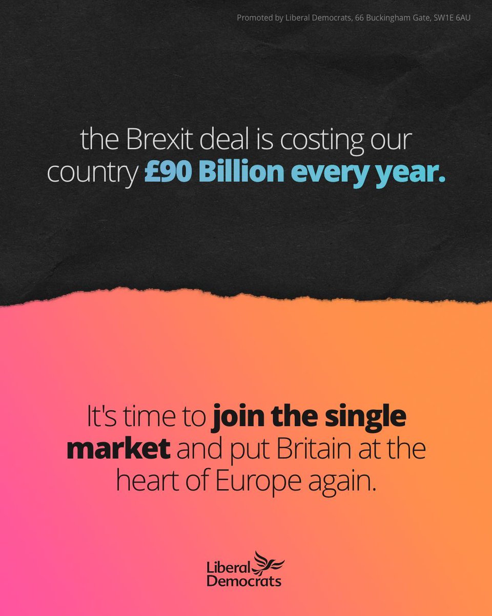LibDems's tweet photo. The Conservatives' Brexit deal is costing the UK £90bn a year, money that should be spent on our schools, hospitals and Armed Forces.

It's time for a stronger partnership with Europe. https://t.co/0shxpzCRNT