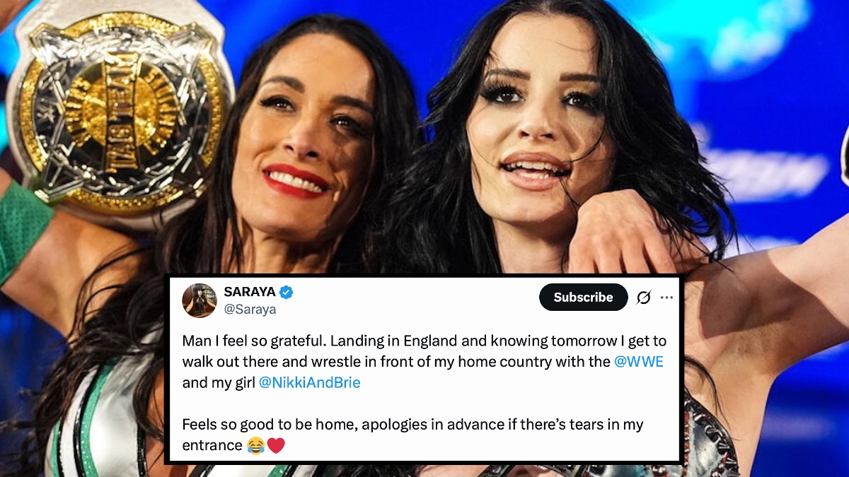 WrestleTalk_TV's tweet photo. Paige has warned that some tears could be shed tomorrow night, as she makes her return home to England for WWE Raw in London:

"Man I feel so grateful. Landing in England and knowing tomorrow I get to walk out there and wrestle in front of my home country with the WWE and my girl Brie Bella.

"Feels so good to be home, apologies in advance if there’s tears in my entrance"
