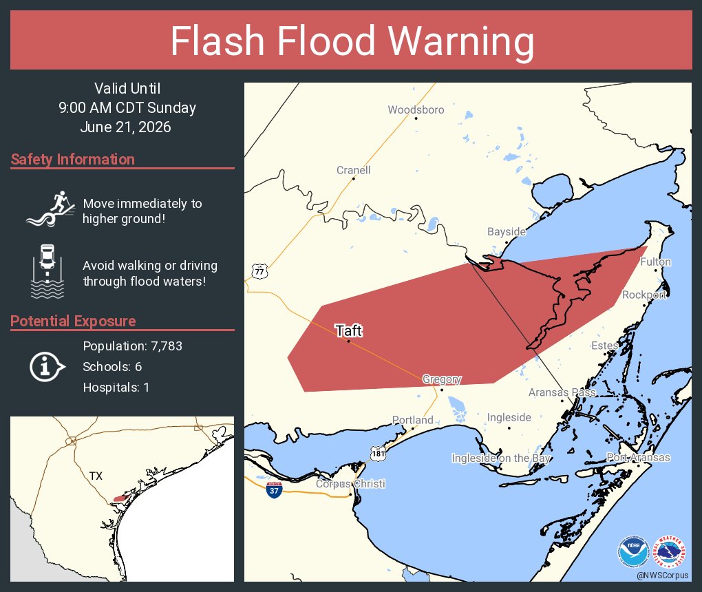 NWSCorpus's tweet photo. Flash Flood Warning including Taft TX and  Taft Southwest TX until 9:00 AM CDT https://t.co/JAJlq3dJX9