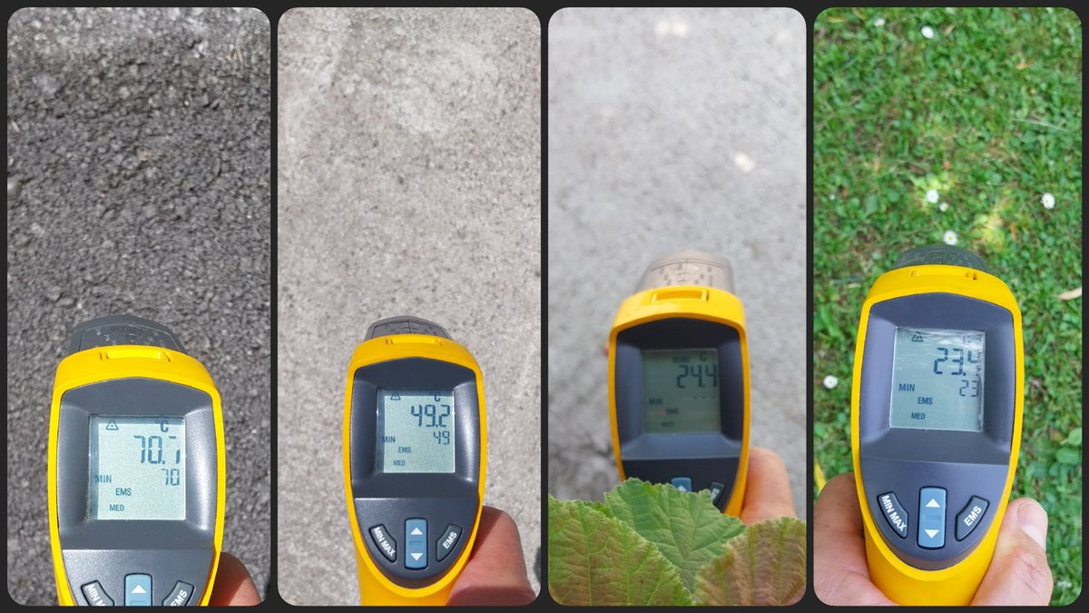D_Higuera_Ing's tweet photo. ☀️🌡🥵 Esta semana mediré la temperatura superficial del nuevo asfalto impreso de la calle Hernán Cortes en Santander, recientemente urbanizada y sin un solo árbol. Como muestra: asfalto al sol 70,7°C, acera hormigón al sol 49,2°C, a la sombra 24,4°C y césped a la sombra 23,4°C. https://t.co/PDBjcSXPMF