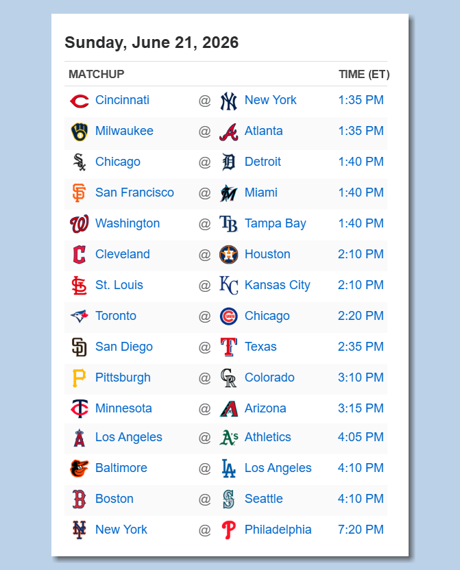 BSmile's tweet photo. Here's the #MLB schedule for Sunday, June 21st - PLAY BALL!!! https://t.co/3Fc4VTItIZ