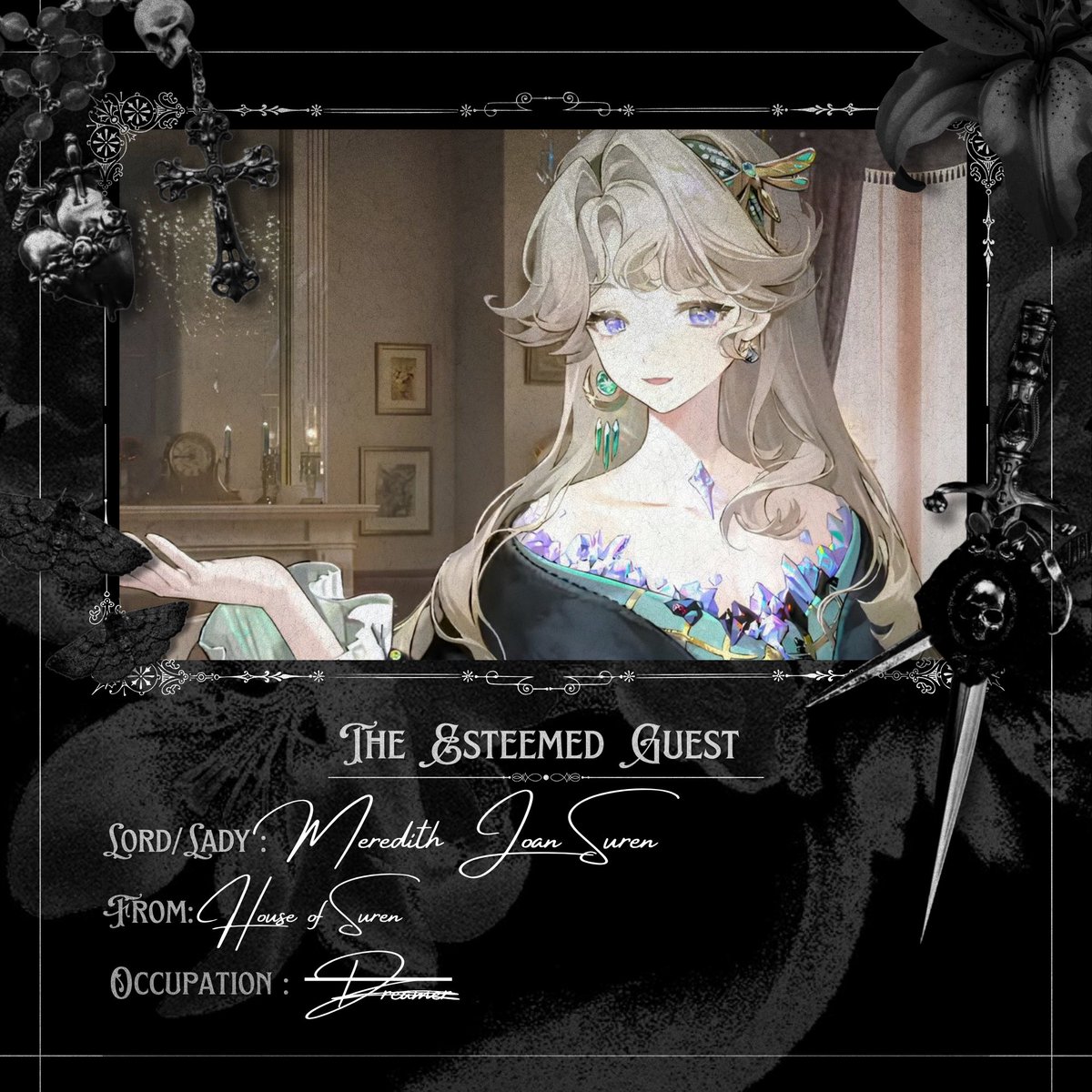 VisitorMeredith's tweet photo. @ManorOfLilies Why, hello there fellow guests. I go by the name Meredith and I may seem unfamiliar for most of you here, but I hope we’ll be nice acquaintances. 

Please, do not hesitate to come to me if you have any queries regarding crystal goods, I’d be more than glad to help. https://t.co/HFliMLVpz7