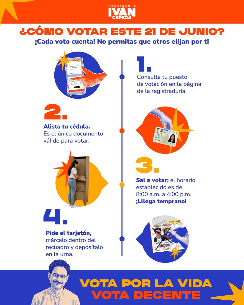 PactoCol's tweet photo. ¡BUENOS DÍAS COLOMBIA! 🫰🏼

Les dejamos los pasos para garantizar hoy el triunfo de nuestro segundo gobierno progresista 🥹

#ColombiaConCepeda
#VotoDecente https://t.co/H0pK7d1tas