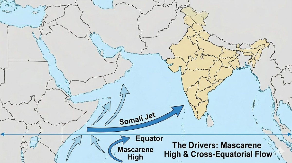 weatherindiaoff's tweet photo. Educational Series #1
The Engine Starts

​Ever wonder why India gets such a massive monsoon? 🌧️ It all starts with the powerful Somali Jet. This low-level wind (the blue arrow) crosses the equator and acts like a conveyor belt, targeting the Indian subcontinent.

Let's break it down 👇

The Driver

​The Somali Jet doesn't just appear—it needs a mechanical push. 💨 That push comes from thousands of kilometers away: the Mascarene High. This high-pressure system near Madagascar acts as a pump, forcing trade winds north across the equator. Earth's rotation (Coriolis force) then curves and intensifies this flow into the Somali Jet  🌍.

The Fuel

​A strong wind is powerful, but a wet wind is a monsoon. ⛽️ As the Somali Jet accelerates across the Arabian Sea, it travels over extremely warm waters. This heat causes massive evaporation, effectively "fueling" the jet with incredible amounts of moisture. It’s now a loaded atmospheric engine heading straight for India.

The Impact

​Finally, the jet hits the Indian coast. ⛰️ Because the moisture-laden air is forced to rise over the Western Ghats (a process called Orographic Lift), it cools and condenses, resulting in heavy rainfall. This is the moment the monsoon officially arrives and transforms the landscape.