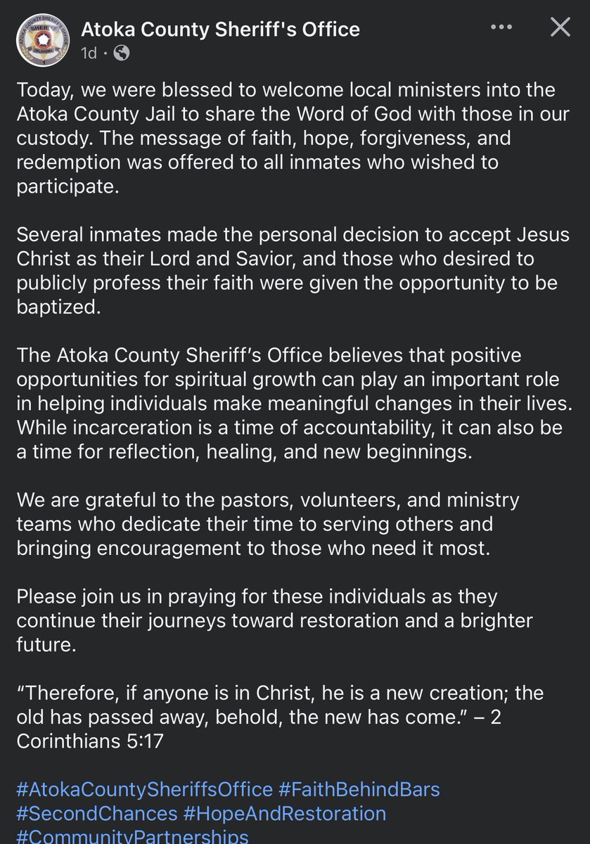 ElectionWiz's tweet photo. WOW: A rural jail in Oklahoma let ministers into the jailhouse to perform MULTIPLE BAPTISMS for inmates.

The local sheriff’s office reports:

“Several inmates made the personal decision to accept Jesus Christ as their Lord and Savior, and those who desired to publicly profess their faith were given the opportunity to be baptized.”