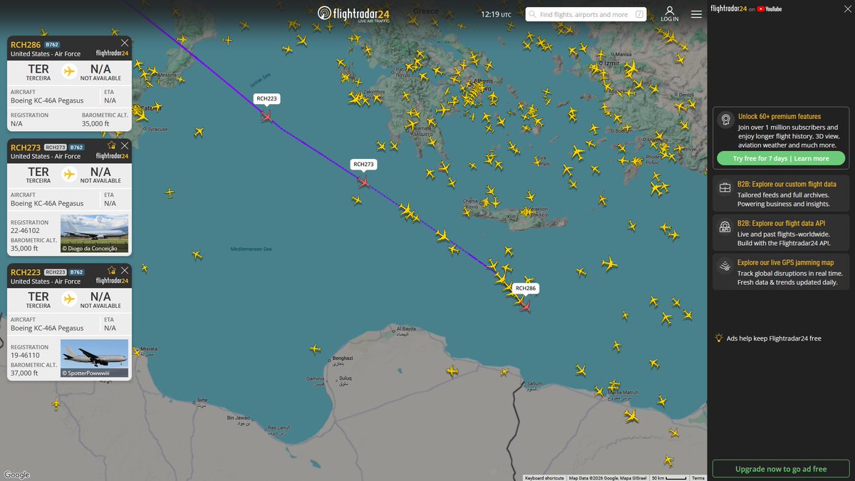 AIYeyENGDdJkjTr's tweet photo. June 21, 2026
#McConnell Air Force Base #Lajes Air Base, Terceira ==>
#RCH286 #AED555 USAF KC-46A Pegasus
#RCH273 #AED489 USAF KC-46A Pegasus
#RCH223 #AED555 USAF KC-46A Pegasus
That's interesting.
Ultimately heading toward the Middle East, I don't understand why they are taking a detour instead of entering the Strait of Gibraltar.