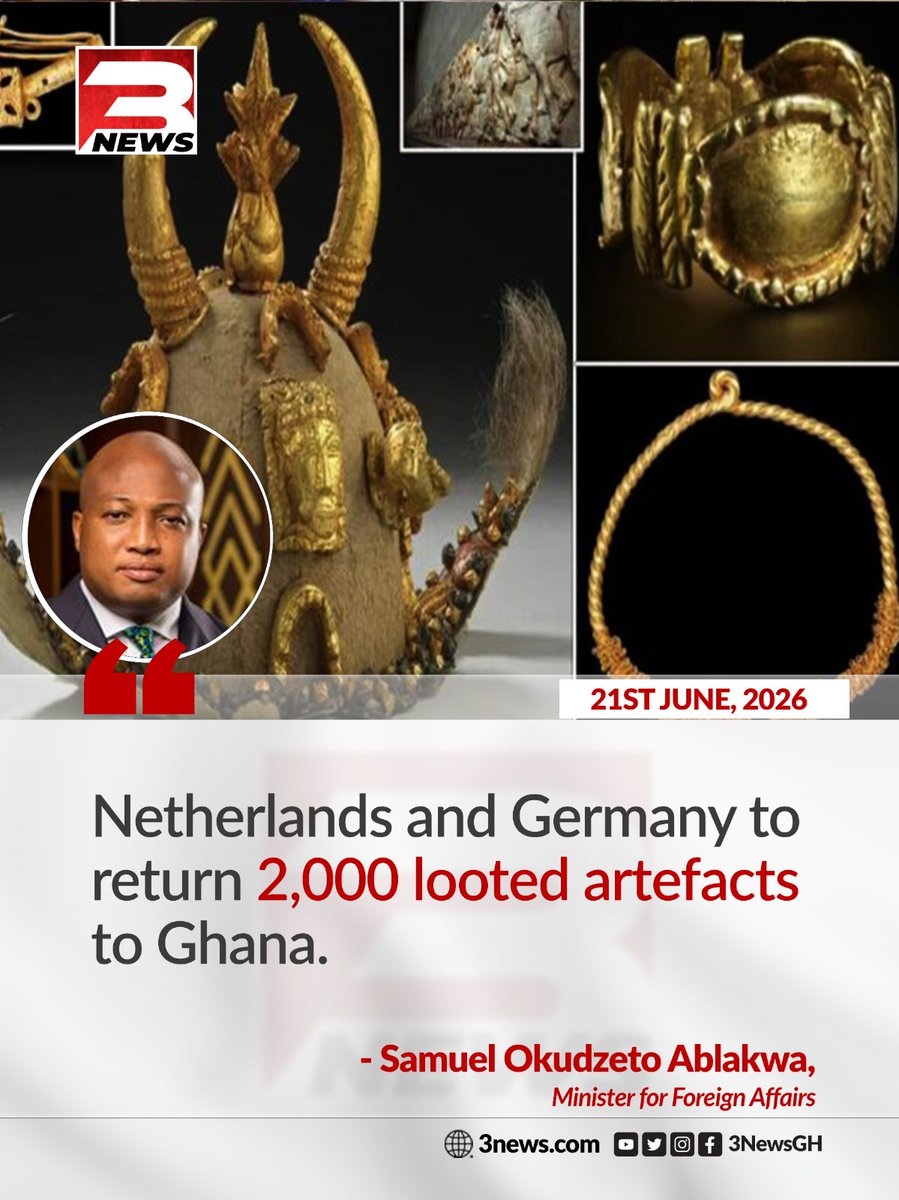 tv3_ghana's tweet photo. Ghana's Foreign Affairs Minister, Samuel Okudzeto Ablakwa, has announced that the Netherlands and Germany will return approximately 2,000 artefacts looted during the colonial era.

#TheKeyPoints #TV3GH https://t.co/NHS75KmWqV