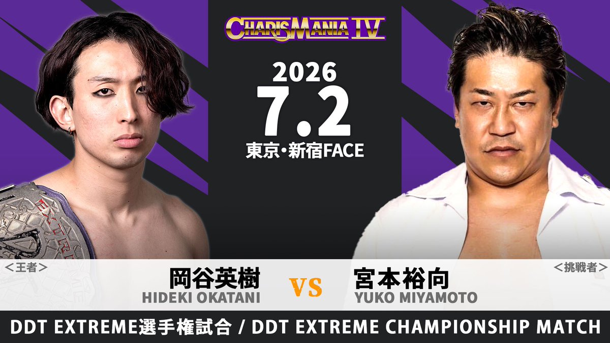 ddtpro's tweet photo. 📢7月2日「CHARISMANIA Ⅳ」新宿大会全カード決定！

⭕️佐々木のO-40王座防衛戦、佐々木vs石川vs石井！
⭕️EXTREME王座V2達成の岡谷に対し、佐々木が用意した挑戦者は宮本裕向！
⭕️ユニカラスJrが勝見とのタッグでウラノ&amp;アステカJrと激突！

https://t.co/cSiKE8H8ij
#CHARISMANIA #ddtpro https://t.co/9MHkvPuuZY