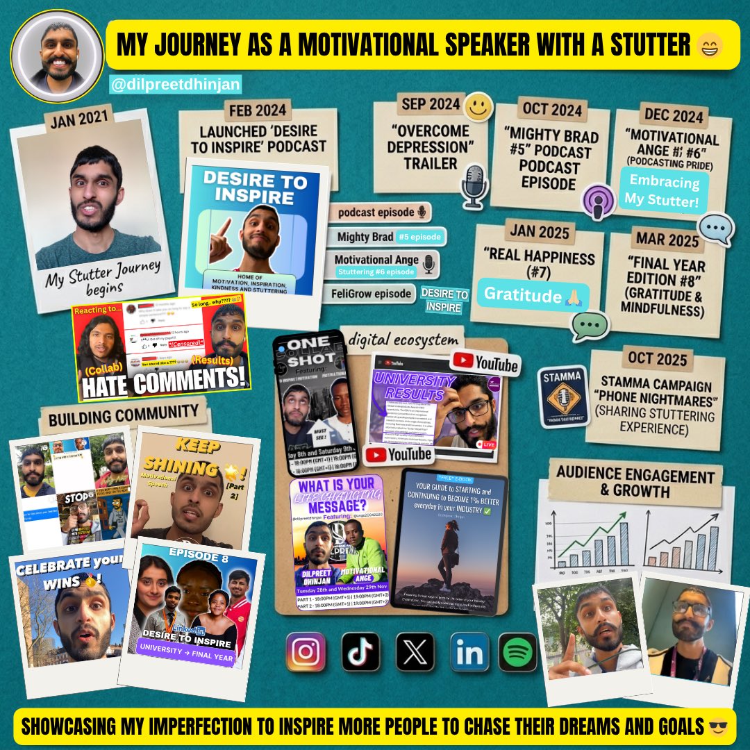 dilpreetdhinjan's tweet photo. In January 2021, I sat in front of a camera and couldn't get through a single sentence (so did heavy edits) 🎥

Four years on, that same stutter is the LOUDEST part of my message..

This is my journey as a motivational speaker with a stutter and why I showcase my imperfection ⬇️ https://t.co/0NE1pUgVoi