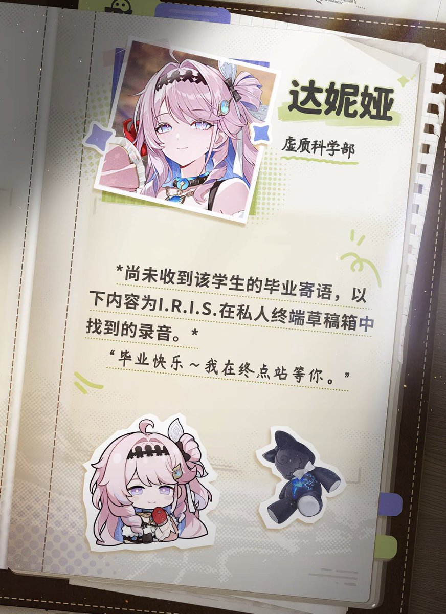 _alfxi's tweet photo. Denia • Department of Voidmatters

[We have not yet received this student's graduation message. The following content is a recording found by I.R.I.S. in the drafts folder of their personal terminal.]

“Happy graduation~ I'll be waiting for you at the end of the line.” https://t.co/gDTVeA1q3n