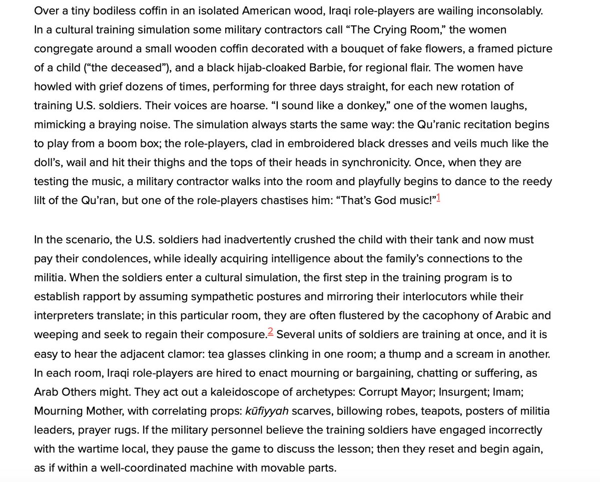 matthew_petti's tweet photo. Really weird anthropology paper I found about Iraqi refugees hired to simulate Arab villagers for U.S. military training. Many of them are former informants being paid to reenact their collaboration over and over again.
https://t.co/zxqer8iVPP https://t.co/Je8uM2mOaa