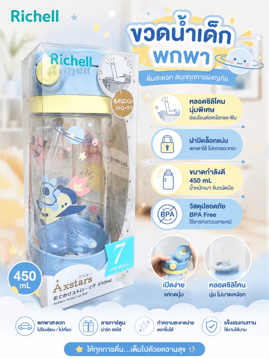supansa5596's tweet photo. Richell (ริเชล) AXSTARS แก้วหลอดดูดกันสำลัก คว่ำไม่หก  450 มล.   
พร้อมสายคล้องคอ 
 🩵https://t.co/Se7x3RnPzd

#Richell #รีวิวดีรีวิวดัง https://t.co/JflWcJB5tt