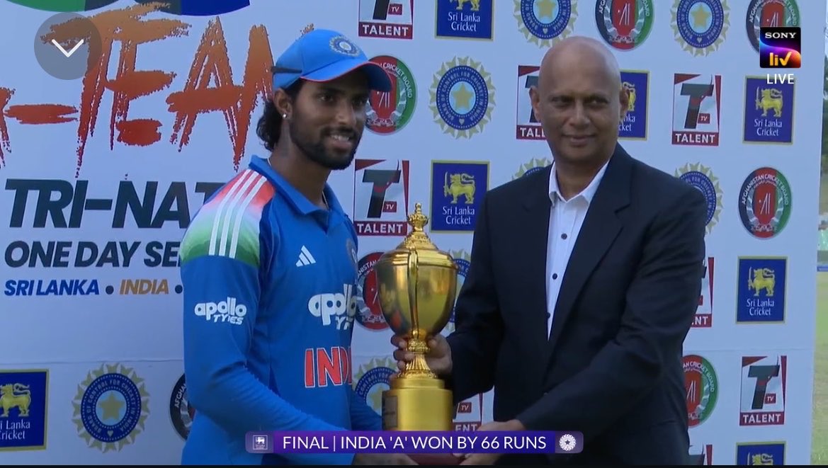 ImTanujSingh's tweet photo. CAPTAIN TILAK VERMA WITH TRI SERIES TROPHY. 🏆 https://t.co/VwiZqNA0Nm