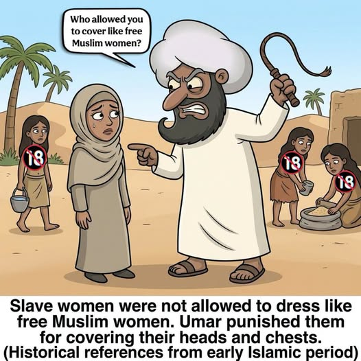 ImtiazMadmood's tweet photo. The Islamic Rule of Keeping Slave Women’s Breasts Uncovered - Is This Women’s Honor?

Look at this image! Umar is furious, holding a whip in his hand. When he saw a slave woman covering her head, he brutally beat her and shouted: "Do not resemble the free women!”

Reference: Musannaf Ibn Abi Shaybah (6/236).
Anas ibn Malik’s narration is even more disturbing: Umar’s slave women served with their heads uncovered, their hair hanging down to their chests, and their breasts moving as they walked.

And this is Islam’s respect for women?
Cover free Muslim women completely in the name of honor.

But keep slave women intentionally half-naked so that Muslim men can easily use them.
Were slave women not women?
Why was their dignity considered so worthless?
Leaving their breasts uncovered and their hair exposed, what kind of barbarity is this?

On one hand, it is claimed that covering women brings honor. On the other hand, slave women are deliberately kept exposed and available for sexual exploitation. This is not honor. This is shameless brutality and one of the clearest examples of patriarchal slavery.

Islam did not liberate women. It divided them into two classes and exploited them. Free women were confined, while slave women were turned into sexual objects. This is not a religion of women’s dignity, it is a religion of female exploitation.

This filthy history cannot be hidden.
Those who still promote Islam as a religion of women’s liberation are shameless liars.

- Atheist Republic International