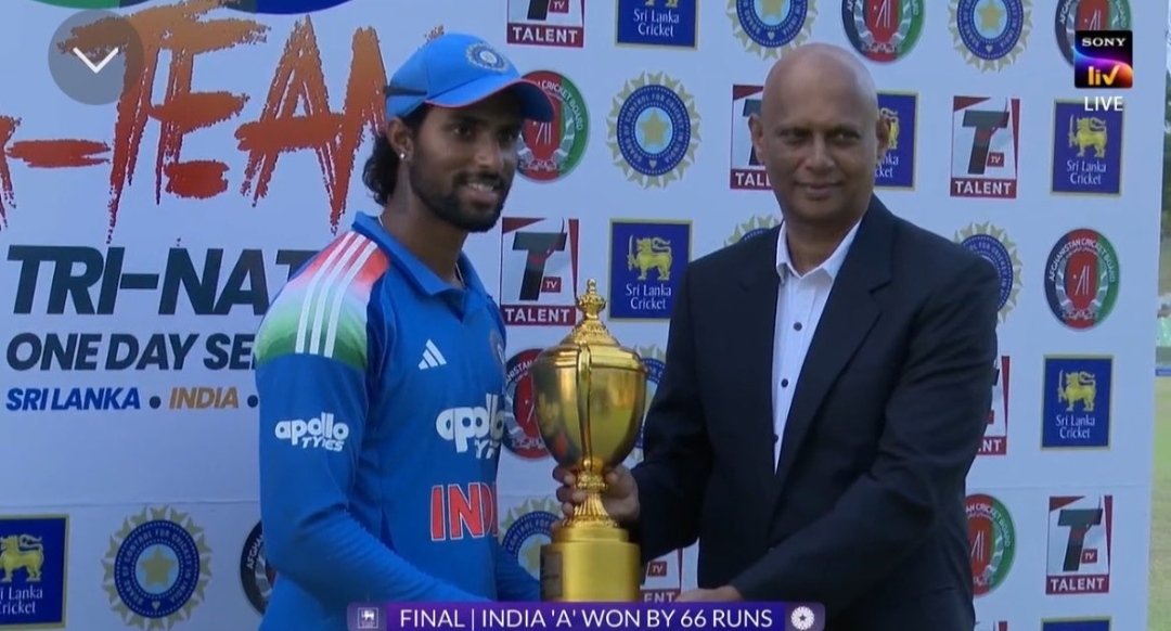 Saabir_Saabu01's tweet photo. India A defeated Sri Lanka A by 66 runs and won the Tri-Nation Series under the captaincy of Tilak Varma. 🇮🇳👏

He led the team from front with 4 fifties in 5 innings and was also the highest run-scorer for them. 

Champions of the Tri-Nation Series! 🏆🔥

Well done, boys. 💪 https://t.co/TiYlnwVL5y