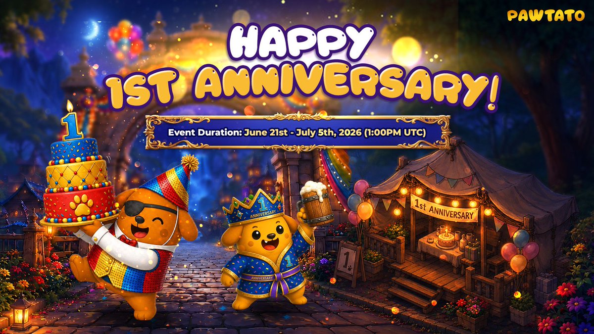 PawtatoFinance's tweet photo. 𝗛𝗔𝗣𝗣𝗬 𝟭𝗦𝗧 𝗔𝗡𝗡𝗜𝗩𝗘𝗥𝗦𝗔𝗥𝗬 𝗣𝗔𝗪𝗧𝗔𝗧𝗢 𝗟𝗔𝗡𝗗! 

The wait is over! Jump into Pawtato Land right now to celebrate our first year together!

⚔️ 𝗚𝘂𝗮𝗿𝗮𝗻𝘁𝗲𝗲𝗱 𝗕𝗼𝘀𝘀 𝗟𝗼𝗼𝘁: 
Defeat any boss to claim your Party Chest! Open them up to reveal what’s inside! 🎈

🛍️ 𝗟𝗶𝗺𝗶𝘁𝗲𝗱 𝗠𝗲𝗿𝗰𝗵𝗮𝗻𝘁 𝗩𝗶𝘀𝗮𝗴𝗲𝘀: 
1st Anniversary Robe and Crown for 1,000 TATO each

👻 𝗚𝗮𝗶𝗻 𝗗𝗼𝘂𝗯𝗹𝗲 𝗘𝗫𝗣 𝗶𝗻 𝗣𝗿𝗼𝘃𝗶𝗻𝗴 𝗚𝗿𝗼𝘂𝗻𝗱𝘀! 
Defeat Proving Ground Encounters and earn double EXP!

🪅 𝗪𝗶𝗻 𝟭 𝗼𝗳 𝘁𝗵𝗲 𝟯 𝗔𝗻𝗻𝗶𝘃𝗲𝗿𝘀𝗮𝗿𝘆 𝗩𝗶𝘀𝗮𝗴𝗲𝘀 + 𝗣𝗮𝗿𝘁𝘆 𝗰𝗵𝗲𝘀𝘁𝘀: See mechanics below!

ONCE THE EVENT ENDS, THESE ARE GONE FOREVER!