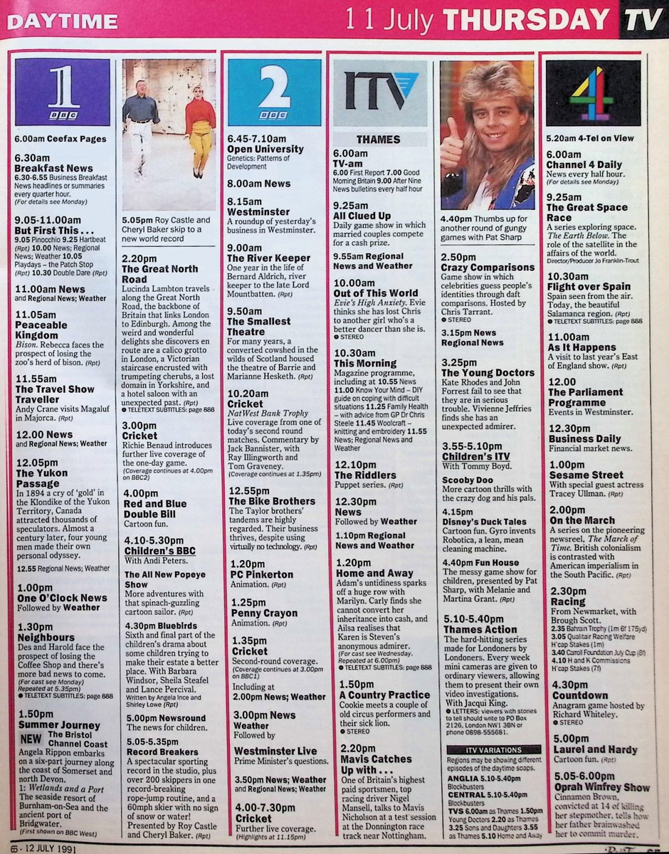 TvDidYouSee's tweet photo. #OnThisDay 11 July 1991 ๐บTV Listings
The final part of CBBC drama BLUEBIRDS, with #BarbaraWindsor and a young #MartineMcCutcheon.
#LindaHartley stars in #Neighbours.
The penultimate episode of G B H.
#MeeraSyal guest stars in #TheBill.
There's a shock for Dot in #EastEnders. https://t.co/zMFlJn9AOi