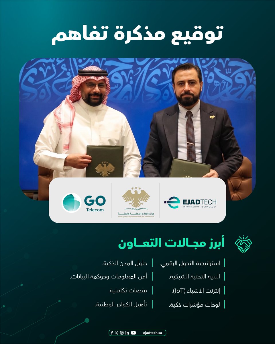 ejadtech's tweet photo. شراكة استراتيجية بين قو للاتصالات – إيجاد التقنية ووزارة الإدارة المحلية والبيئة السورية

من الرياض إلى دمشق… التحول الرقمي بلا حدود

يسعدنا في إيجاد التقنية، إحدى الشركات التابعة لمجموعة Go Telecom، الإعلان عن توقيع مذكرة تفاهم استراتيجية مع وزارة الإدارة المحلية والبيئة في الجمهورية العربية السورية، لبناء استراتيجية التحول الرقمي وتطوير حلول المدن الذكية المستدامة.

تمتد المذكرة لتشمل التعاون في مجالات استراتيجيات التحول الرقمي، والبنية التحتية الشبكية، وأمن المعلومات، مع التركيز على تطبيق حلول المدن الذكية وإنترنت الأشياء (IoT) لإدارة الطاقة وتتبع النفايات، إلى جانب حوكمة البيانات وحمايتها عبر تقنيات التشفير المتقدمة، وتقديم الاستشارات والدعم الفني لتأهيل وتدريب الكوادر الوطنية السورية.

كما تتضمن الاتفاقية التعاون في تصميم وتنفيذ منصات رقمية تكاملية لربط قواعد البيانات المحلية بنظم مركزية موحّدة، لدعم اتخاذ القرار عبر لوحات مؤشرات وتحليلات ذكية.

نفخر بأن نكون شريكاً استراتيجياً موثوقاً في نقل التجربة السعودية الناجحة في التحول الرقمي إلى الأشقاء في سوريا، وندعم مسيرة بناء مستقبل رقمي مزدهر للمنطقة.

#قو_للاتصالات #إيجاد_التقنية #التحول_الرقمي #المدن_الذكية #سوريا

https://t.co/p2ybjyFJLR