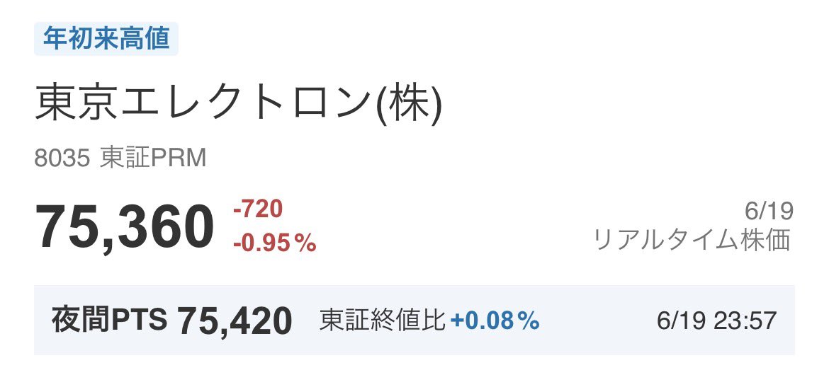 ryoryouuhei's tweet photo. 6/22〜6/27 注目国内半導体銘柄！
年初来高値クリアの4社、PTSも完全に青天井モード🚀
📈東エレ[75,360円]
📈コクサイ[10,165円]
📈キオクシア[108,600円]
📈JX金属[4,747円]
この夜間の買いの強さを見る限り、来週の株価もさらなる高みへ上値追い確定か
利確はまだ早い、買い増し一択！？
 #株式投資 https://t.co/8t90dJNKsf
