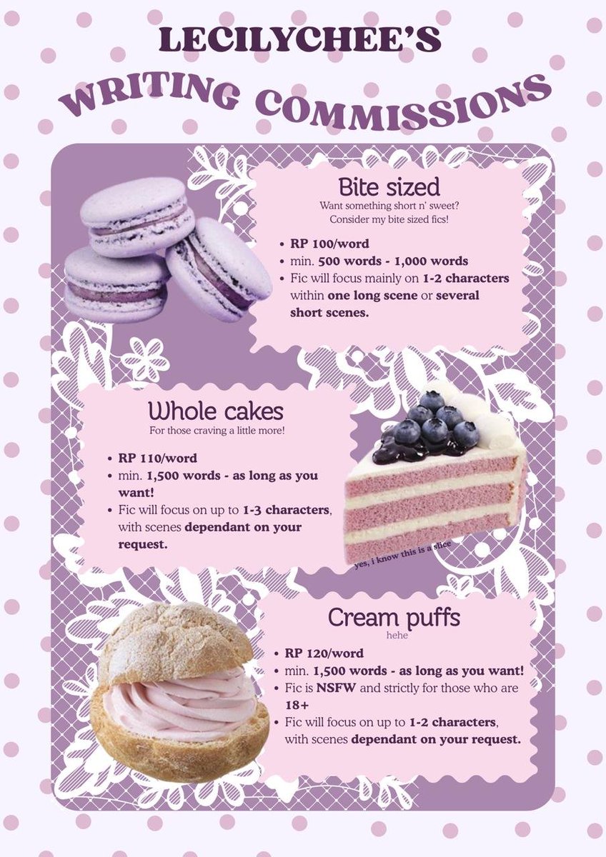 LeciLychee's tweet photo. 🥧 The bakery is open for business!
Check out the menu and details below! (🇮🇩 only)
💜 and RT appreciated! <3

writing commissions SELALU buka, tutup pas kiamat aja ya ☝🍰

(DMs open, feel free to message me for commission orders!)
#opencommissions #writingcommission https://t.co/sXh25eo3Yq