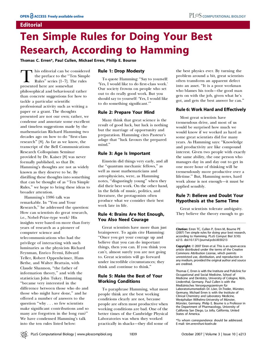 ScholarshipfPhd's tweet photo. Ten Simple Rules for Doing Your Best Research, According to Hamming https://t.co/OoV9J8KHyV