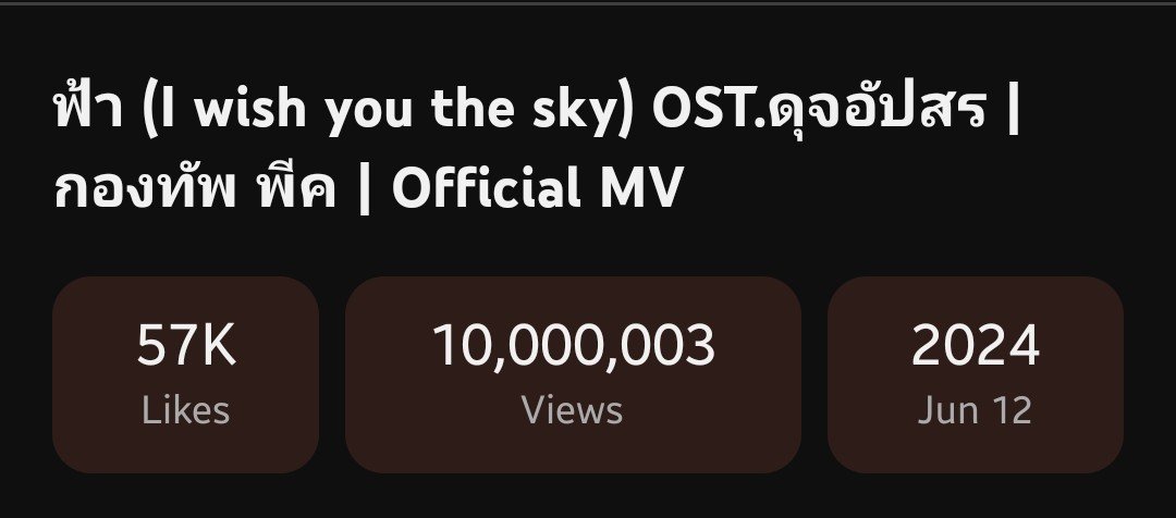 TrendsForPM22's tweet photo. Congratulations!!! 👏🏻🎉 ในที่สุด

ฟ้า (I wish you the sky) OST.ดุจอัปสร | กองทัพ พีค | Official MV
https://t.co/97tyfZnZYY

ได้เดินทางมาถึง 10 ล้านวิว ตัอนรับครบรอบ 2 ปีดุจอัปสรพอดีค่ะ ขอบคุณทุกคนที่ช่วยกันดัน จนเพลงนี้มาได้ไกลถึงขนาดนี้ ยินดีกับ @kongthappp ด้วยนะคะ 🥹

PEAKMINT LOVE IS LOVE 

#พีคมิ้นท์ #PEAKMINT
#กองทัพพีค #KONGTHAPPEAK
#มิ้นท์รัญชน์รวี #mintranch