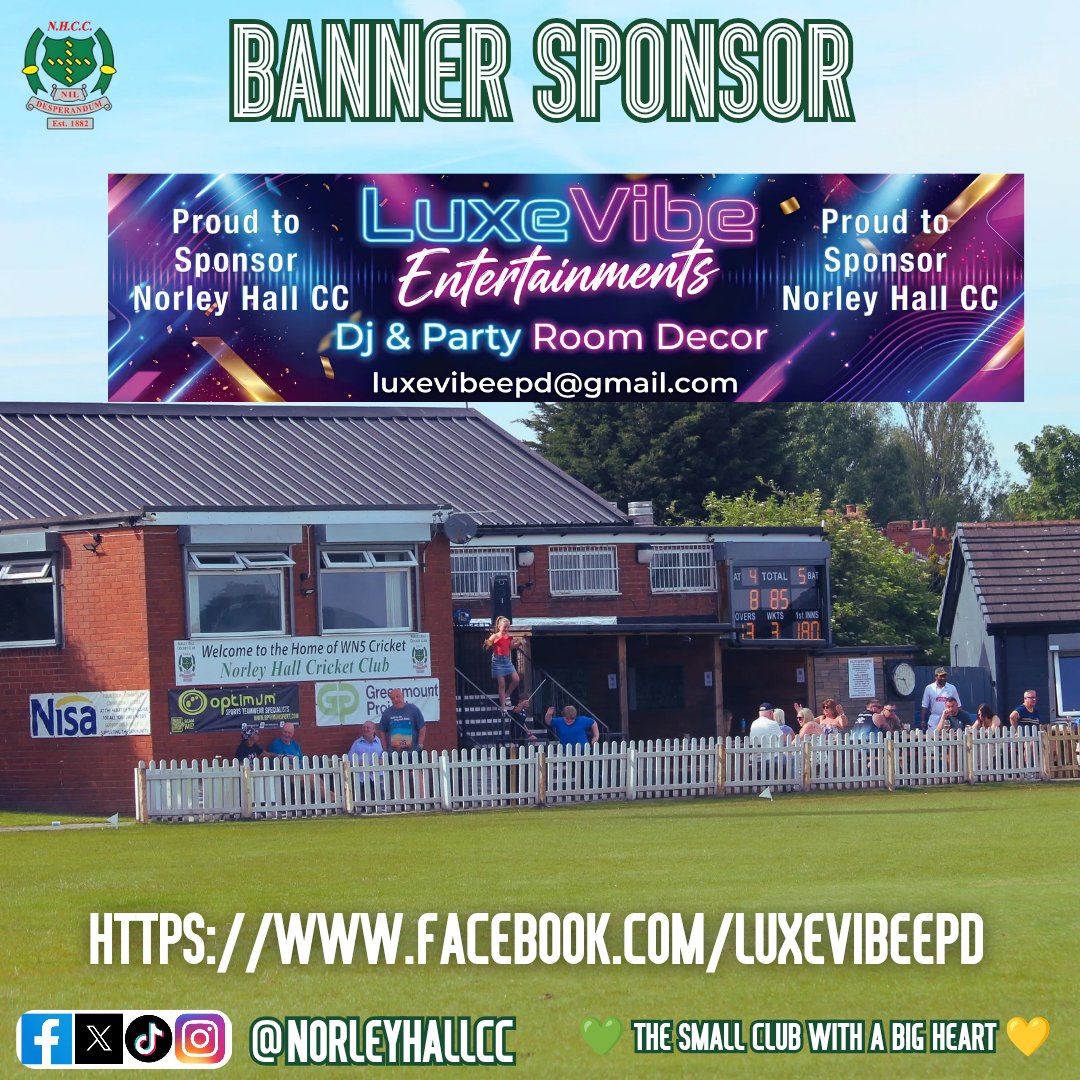 NorleyHallCC's tweet photo. Banner Sponsorship Announcement 

Thank you to Luxe Vibe Entertainments for their support of the club. 

They provide a high quality DJ and Party Room decor service. 

Luxe Vibe can provide that personal, bespoke look to your event.  They cover:

* Weddings
* Parties
* Baptisms
* Christenings
* Baby Showers
* Gender reveals
* Corporate events
And many more......

Please feel free to contact them for a quote or with any questions you may have. They come highly recommended.

They can also do discounts on multiple item bookings. 🤗

They also work alongside an amazing DJ - Mark Maddox- who has worked across the UK and Europe. He covers bars/clubs, private parties etc, for any quotes, please feel free to contact Mark Maddox himself or again, message Luxe Vibe and they will be happy to help.

Thank you for your support!