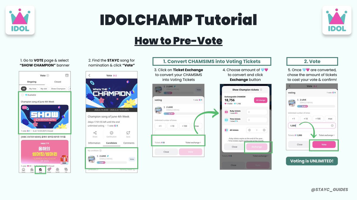 STAYC_GUIDES's tweet photo. 🗳️ SWITH! There are currently 4 open voting opportunities for STAYC right now: 

— SHOW CHAMPION
— M COUNTDOWN 
— MUSIC BANK
— INKIGAYO (Hot Stage)

📍 Use the guides below to help you vote! 

Don’t be discouraged by the initial results this era! Even if it feels out of reach, let’s still show up to support STAYC by voting where we can and keep streaming the album/mv 🫶

#STAYC #스테이씨 #ステイシー