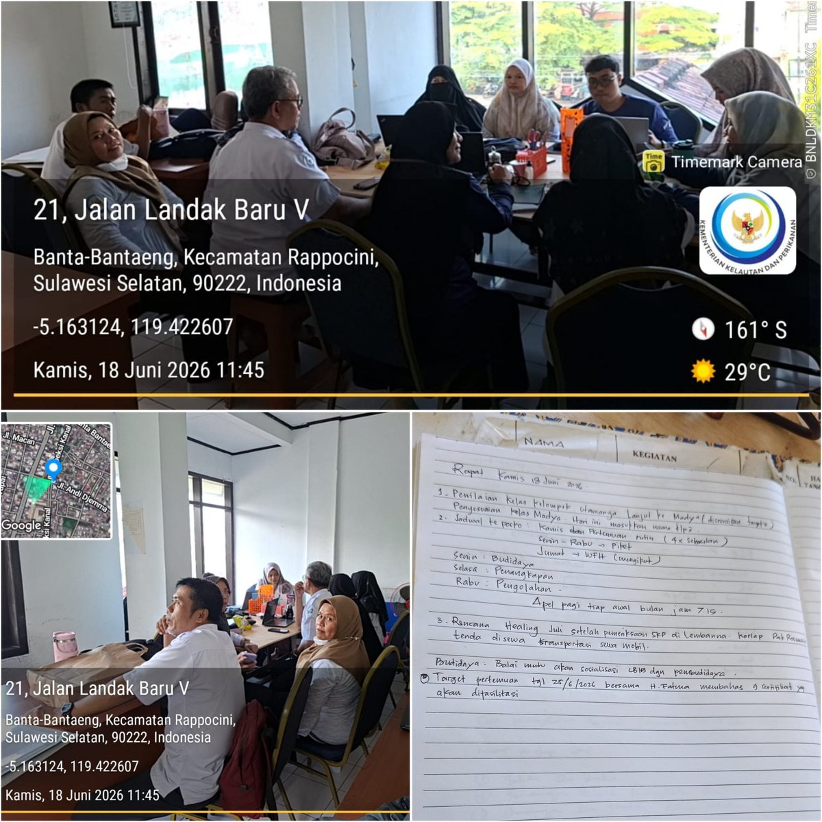 RachmadyAzis's tweet photo. Kamis (18/6/2026), posko Luhkan Makassar. Rapat rutin membahas rencana penilaian kelas kelompok, sosialisasi Mutu hasil perikanan, percepatan laporan IKU, dll.
#GiatLuhkanSatminkalMaros
#luhlapor
@Luhkan_Makassar
@bppsdm_pusluhkp 
@bppsdm_brpbappp https://t.co/ykgS4sMVKx