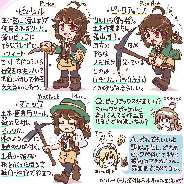 ピッケルだのマトックだの各作品で表記揺れが激しくて、どう違ってどれがツルハシなんだ…? と思って調べたんですが、わかりませんでした。いかがでしたか?(モンハンの影響でピッケル呼びしちゃう 