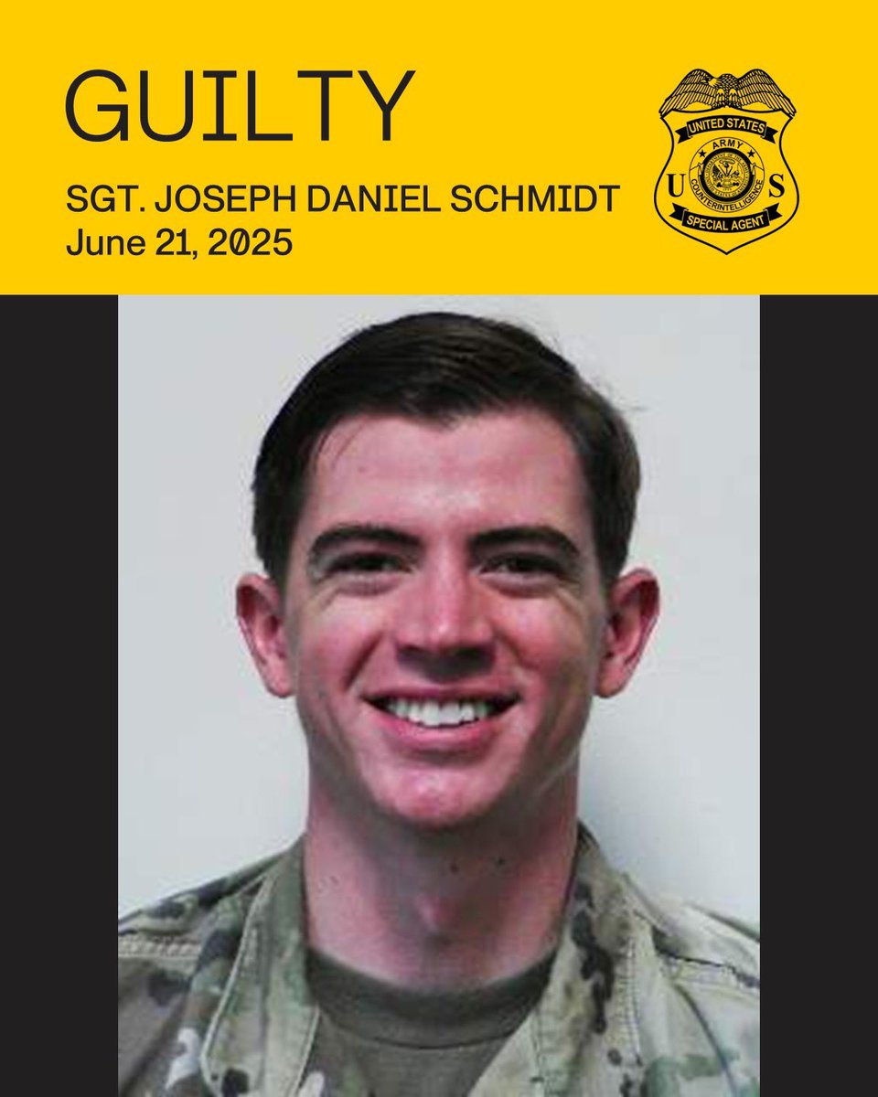 Real_ArmyCI's tweet photo. On June 21, 2025, Joseph Daniel Schmidt, a former U.S. Army Sergeant, pleaded guilty to attempting to deliver national defense information and retention of national defense information. He was later sentenced to four years in prison. https://t.co/MjxpBLibAT