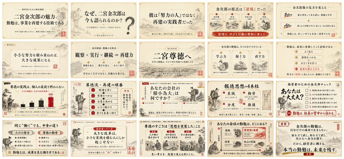 masaki_aihack's tweet photo. こんな古風なデザインも自由自在。
こんなスライドを量産できる有能なGPTs貰わない理由なくない？ https://t.co/jiYQsIDamH